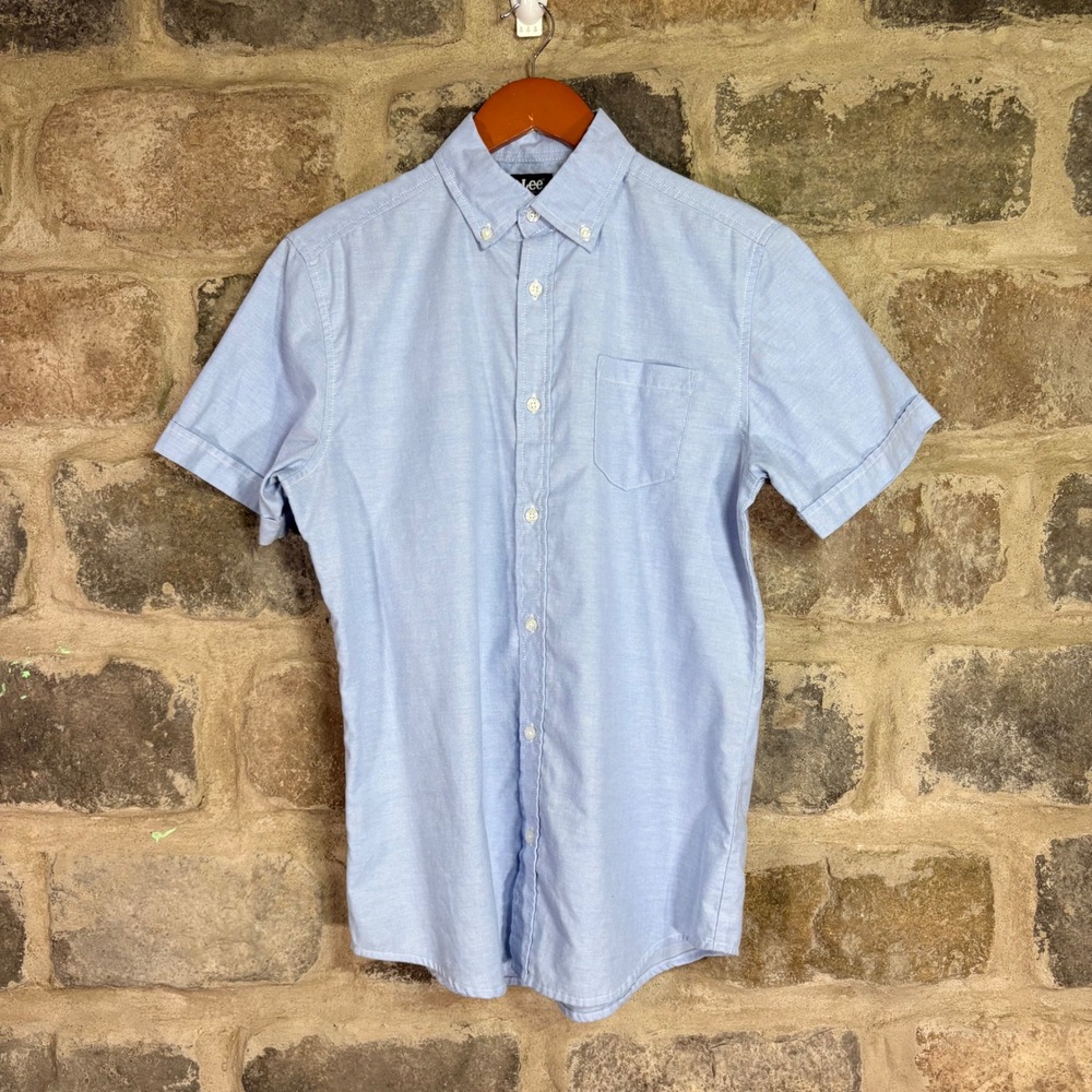 Lee Uniforms Womens Light Blue Short Sleeve Oxford Button Down Shirt Small Work